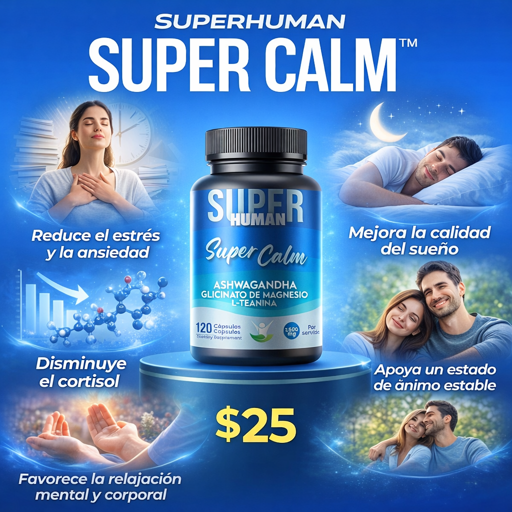 Super Calm™ - Cápsulas de L-Teanina, Ashwagandha y Glicinato de Magnesio Reduce el Cortisol